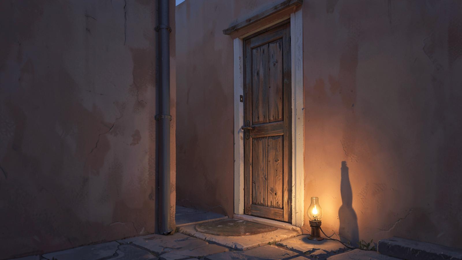 A weathered wooden door at dusk, slightly ajar, warm lamplight spilling across a stone threshold