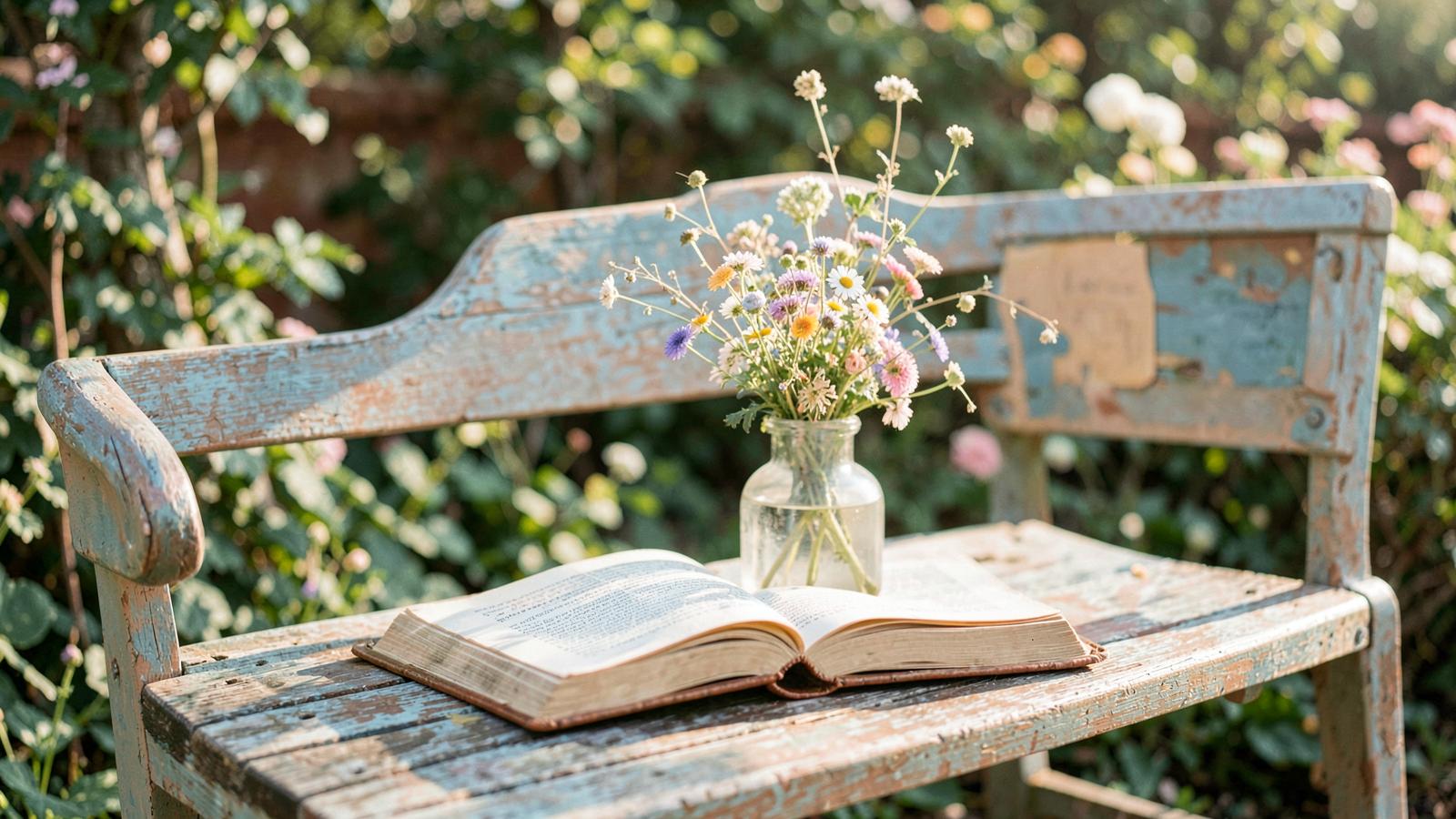 A weathered blue garden bench with an open book and a jar of wildflowers in warm afternoon light