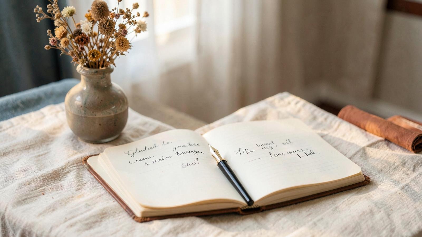 An open journal with a pen and a small vase of dried flowers on linen