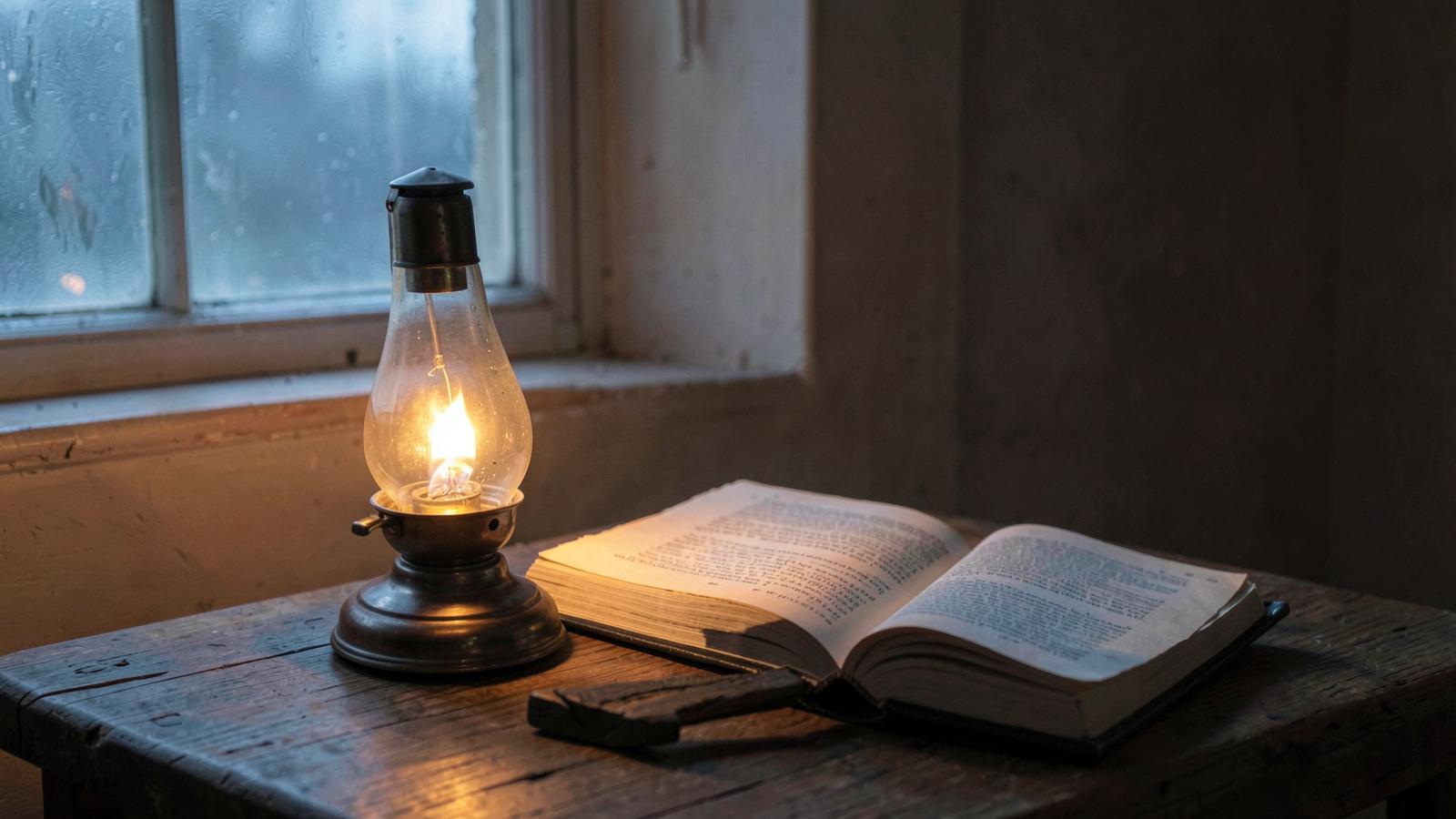A single oil lamp glowing beside an open book on a rustic wooden table near a window at dawn