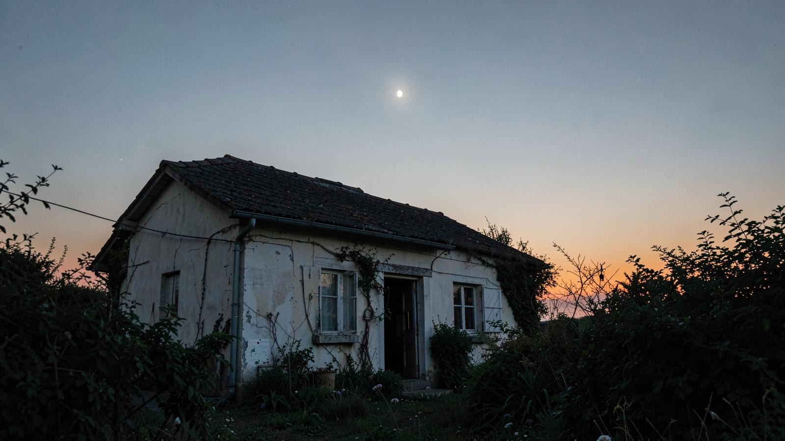 A weathered cottage under a pre-dawn sky with one bright morning star and warm light on the horizon