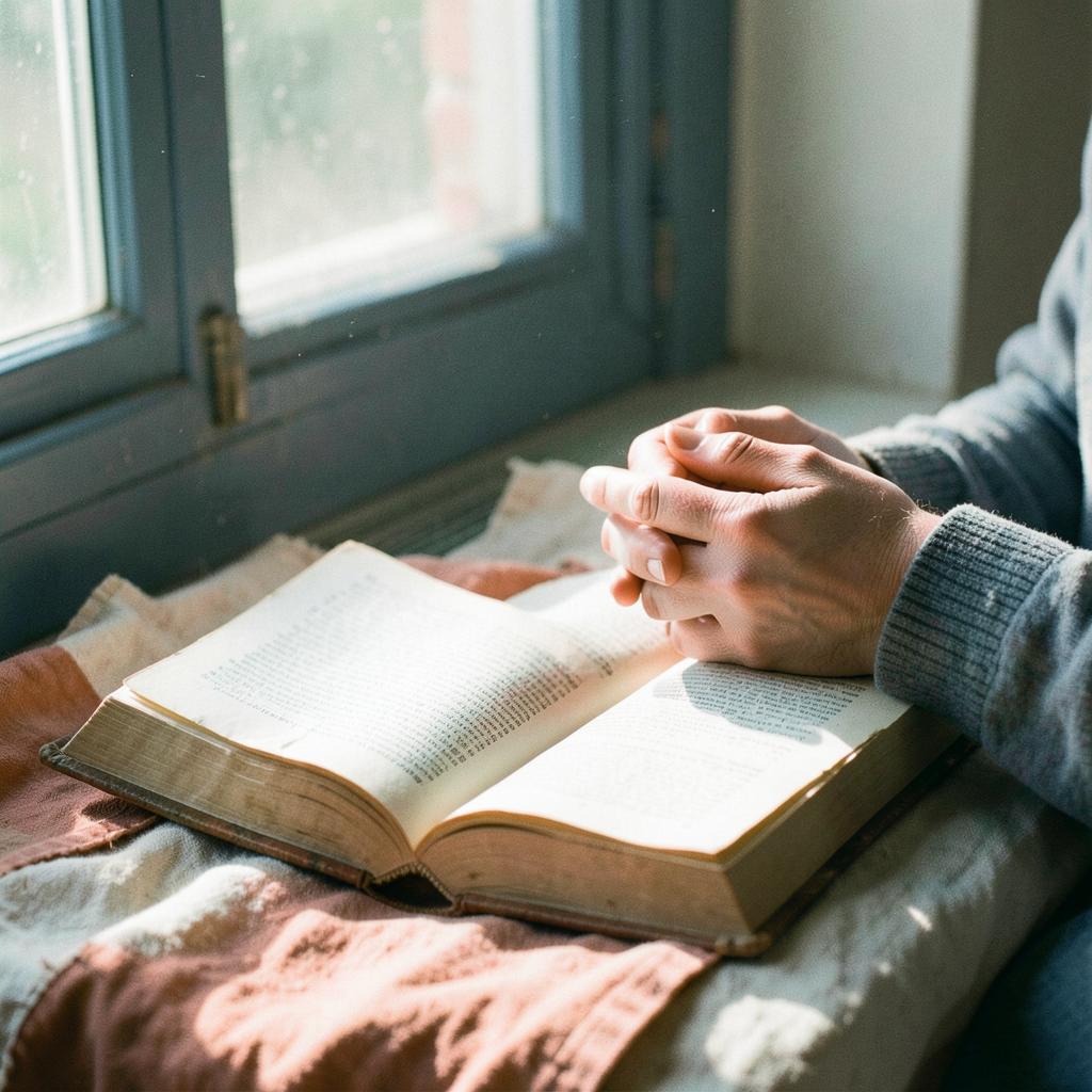 Hands folded over a worn open book on a sunlit windowsill