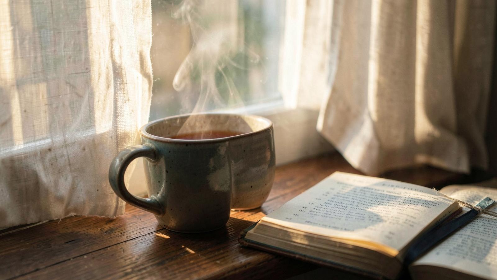 A steaming mug of tea and an open journal on a windowsill in morning light