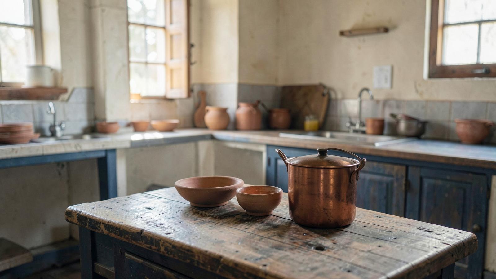 A worn wooden table with clay bowls and a copper pot in a quiet kitchen at morning