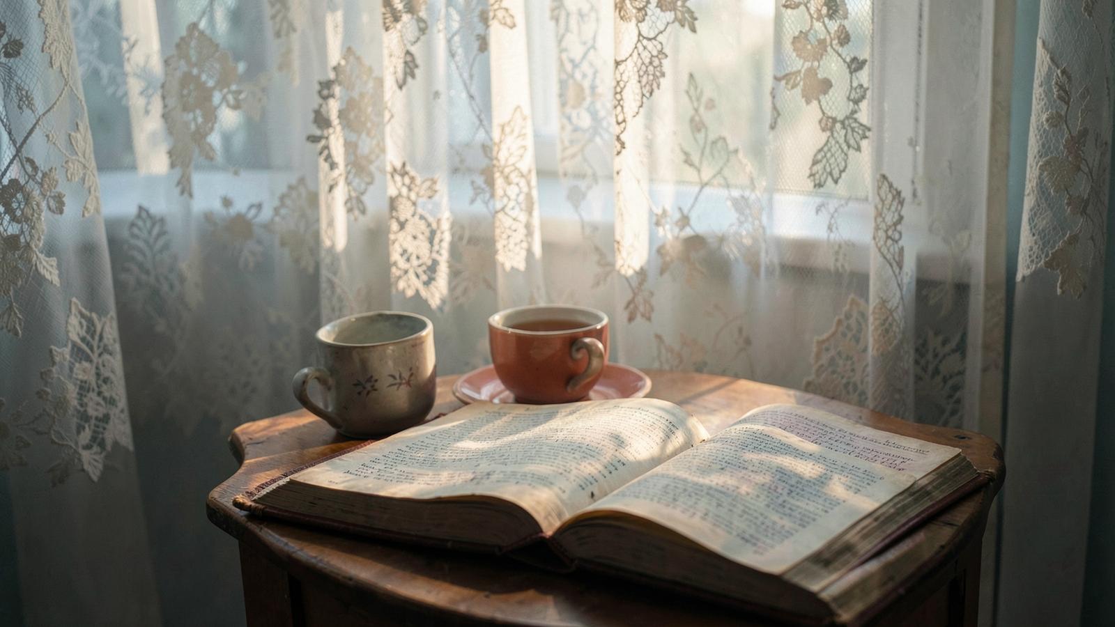 An open devotional book and two cups of tea on a wooden table by a lace-curtained window in dawn light