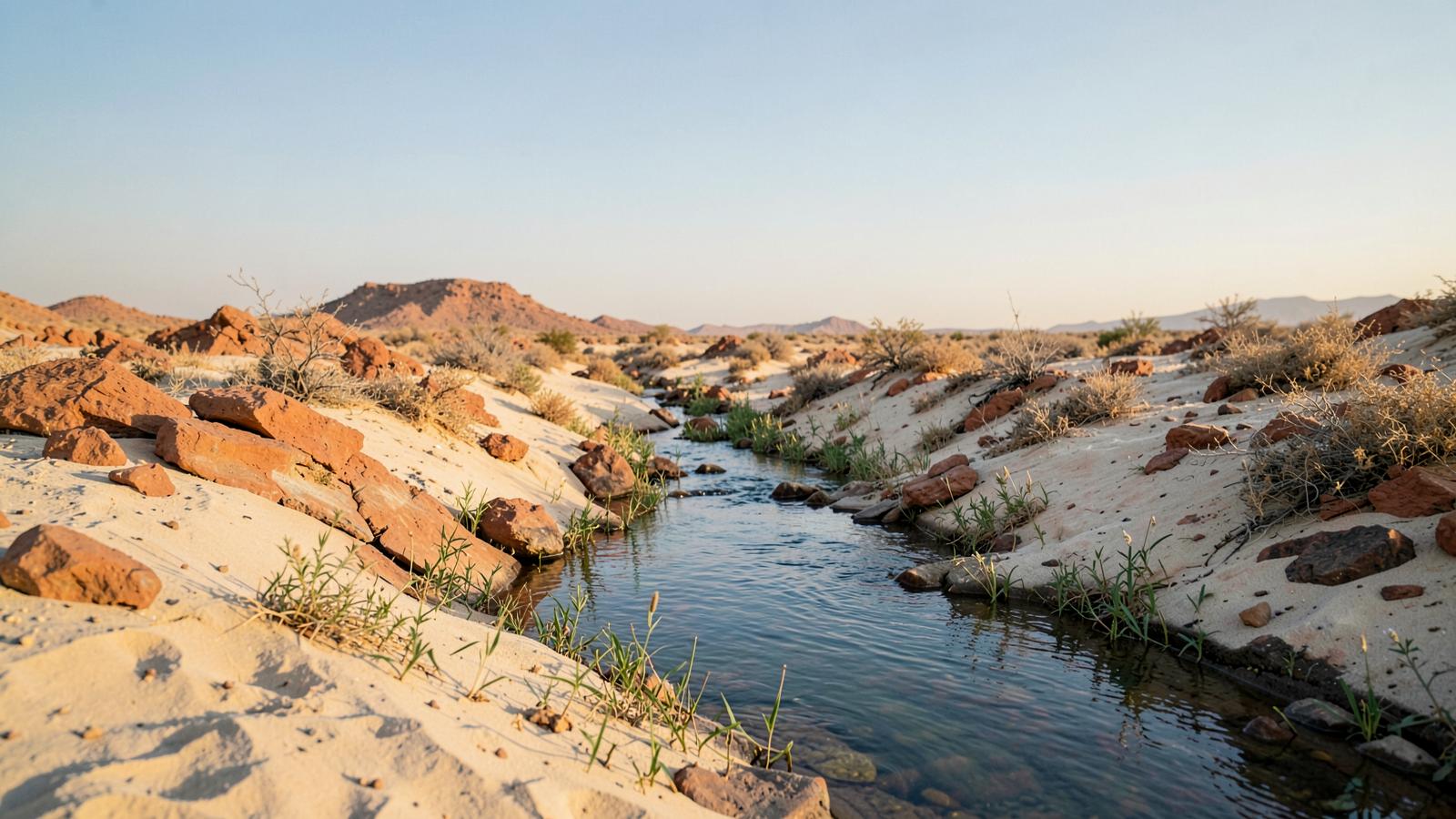 A narrow stream running through pale desert sand at golden hour with green shoots along its banks