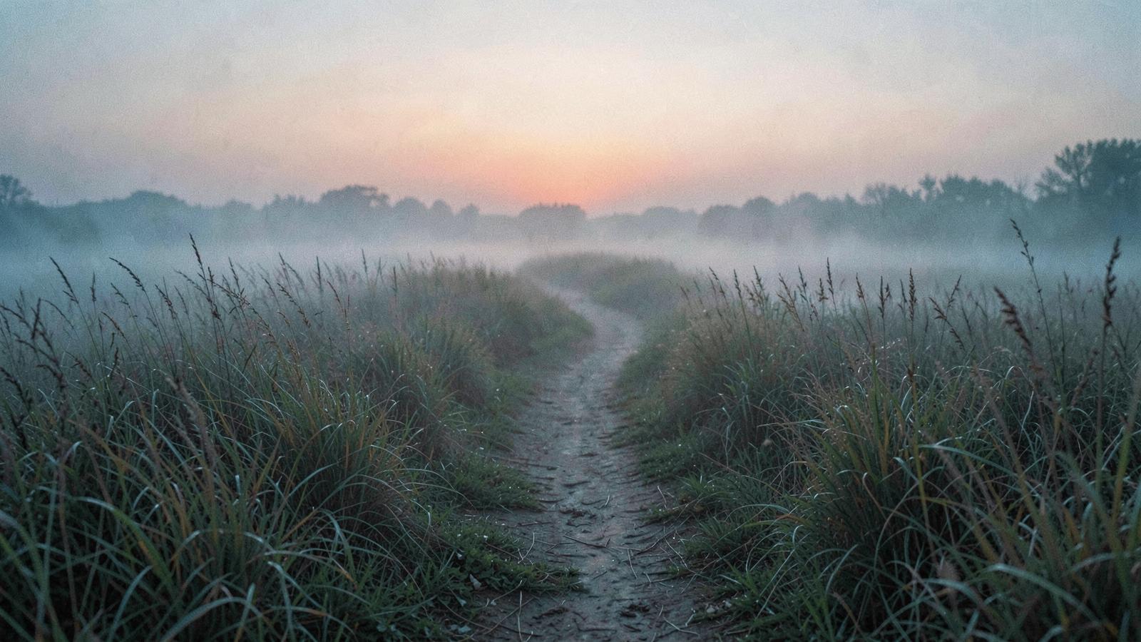 A narrow path through a misty meadow at dawn, warm light on the horizon