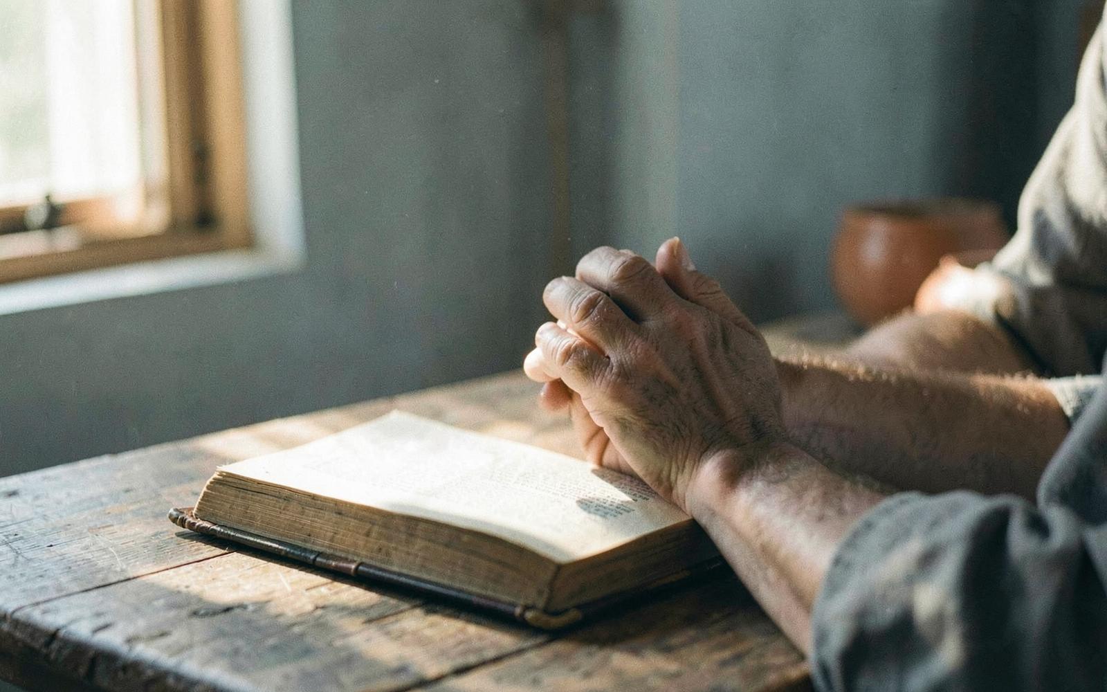 Weathered hands folded over an open worn book on a wooden table in morning light